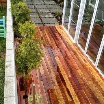 Mid century modern patio with concrete bench
