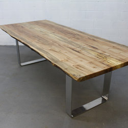 Stunning silver maple slab dining table with modern chrome base - Dining Tables