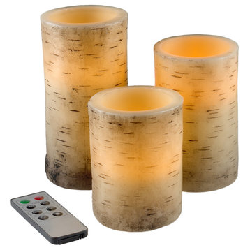 Flameless Real Wax LED Candles With Birch Bark and Remote, Set of 3