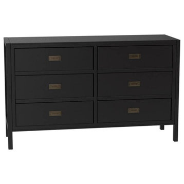 Classic Double Dresser, 6 Storage Drawers With Metal Pull Out Handles, Black