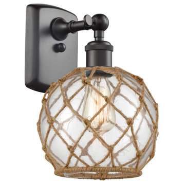 Farmhouse Rope 1-Light Sconce, Oil Rubbed Bronze, Clear Glass With Brown Rope