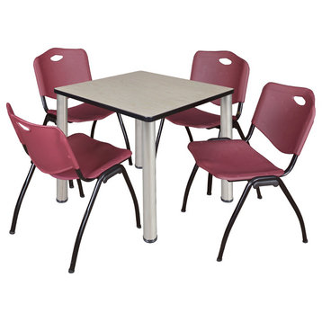 Kee 30" Square Breakroom Table, Maple/Chrome and 4 'M' Stack Chairs, Burgundy