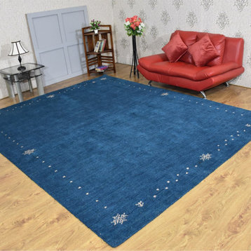 Hand Knotted Loom Silk Mix Area Rug Contemporary Blue