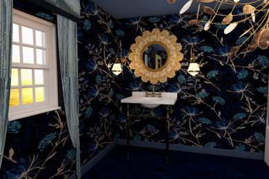 Inspiration for a mid-sized transitional master ceramic tile, blue floor, single-sink, tray ceiling and wallpaper bathroom remodel in Chicago with white cabinets, a one-piece toilet, blue walls, a pedestal sink, a hinged shower door and a freestanding vanity