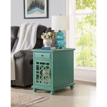 Classic End Table, Glass Paneled Patterned Door & Inner USB Ports, Antique Teal