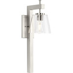 Progress Lighting - Saffert Collection 7-1/2" 1-Light Brushed Nickel Clear Glass Bath Vanity Light - Embrace modern urban style with a wall sconce light from the Saffert Collection. A stoic beam-style frame coated in a beautiful brushed nickel finish is punctuated by crisp, clear glass shades. Part of the Design Series Collections offering high style and design.