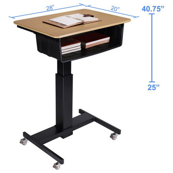 28" Adjustable Mobile School Standing Desk & Book Box Bundle in Wood Grain/Black