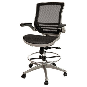 Flash Mid-Back Black Mesh Drafting Chair/Graphite Silver Frame and Flip-Up Arms