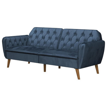 Transitional Futon, Tapered Legs With Padded Seat & Button Tufted Back, Blue