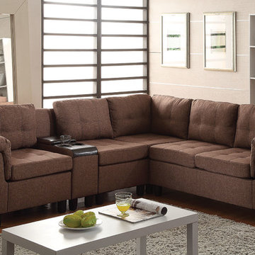 Cleavon Reversible Sectional Sofa With Console, Brown Linen and Espresso PU