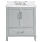 Bemma - Montauk 30" Bathroom Vanity, Fog Grey With White Granite, 30" - Montauk's solid wood chamfered legs and framed door fronts showcase an understated silhouette. Its driftwood inspired aged light oak finish is reminiscent of a rustic beach house while the Sherwin Williams Morning Fog Grey and Pure White painted finishes offer a more traditional look. Premium soft-close glides/hinges deliver effortless motion while dovetailed joints provide seamless joinery.  Detailed with brushed nickel accents and unassuming classic lines, the Montauk Bathroom Vanity is a sophisticated yet casual piece. (Faucet not included)