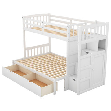 Twin over Full Bunk Bed with Storage Shelves and Drawers, White