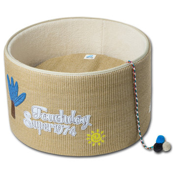 Touchcat 'Claw-ver Nest' Rounded Scratching Cat Bed w/ Teaser Toy, Khaki