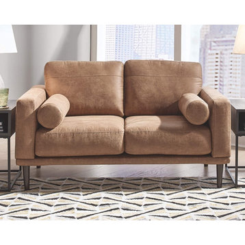 Elegant Loveseat, Caramel Brown Faux Leather Seat With Track Arms & 2 Pillows