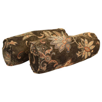 20"X8" Double-Corded Jacquard Chenille Bolster Pillows, Set of 2, Brown Floral