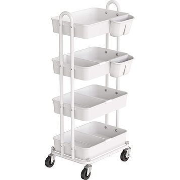 4-Tier Multifunctional Rolling  Cart ,with Basket Dividers and Hanging Buckets,