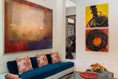Example of a mid-sized transitional white floor living room design in Phoenix with beige walls