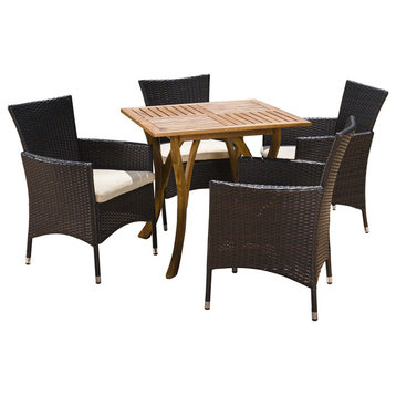 5 Pieces Patio Dining Set, Patterned Acacia Wood Table & Cushioned Wicker Chairs