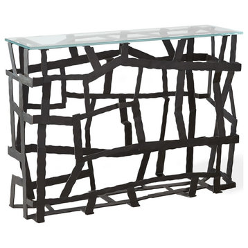 Metal Strips Open Modern Accent Console Table Hall Tempered Glass Top Abstract, Blackened Iron