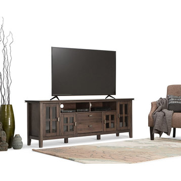 Contemporary TV Stand, Elegant Window Style Cabinet Doors, Natural Aged Brown