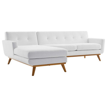 Mid Century Sectional Sofa, Rubberwood Base With Angled Tapered Legs, White