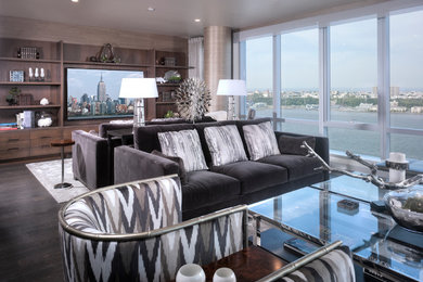 Inspiration for a mid-sized transitional formal and open concept laminate floor living room remodel in New York with gray walls, no fireplace and no tv