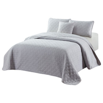 Bibb Home 4 Piece Solid Quilt Set, Silver, Twin