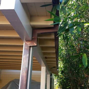 Aged Copper Box Gutter, 1 Year After Install, Brown Red,Green Patina. Venice CA.
