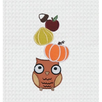 Harvest Owl Pumpkin Apple Acorn Appliqued Kitchen Waffle Weave Cotton Towel