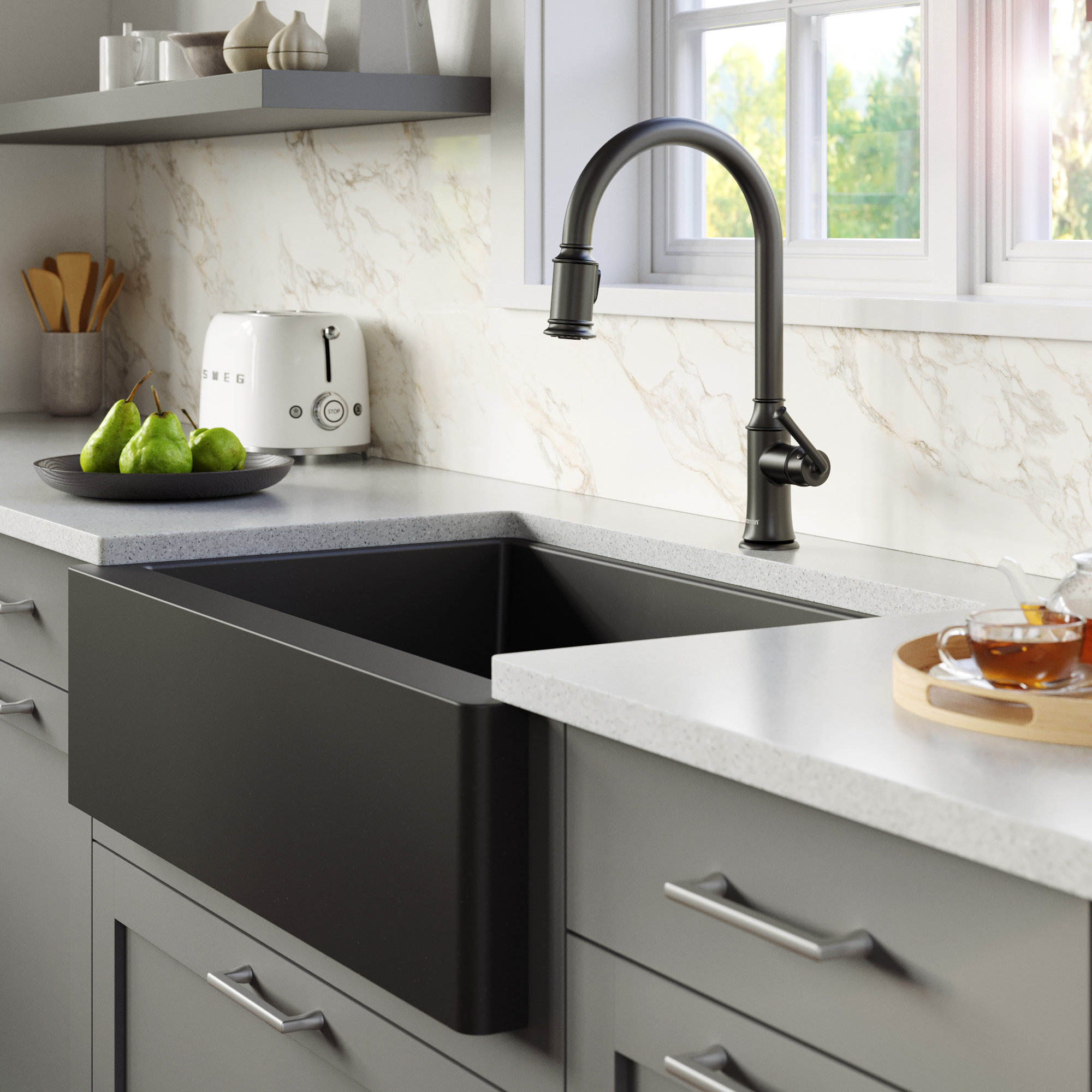 Karran Farmhouse/Apron-Front Quartz 34" Single Bowl Kitchen Sink, Black