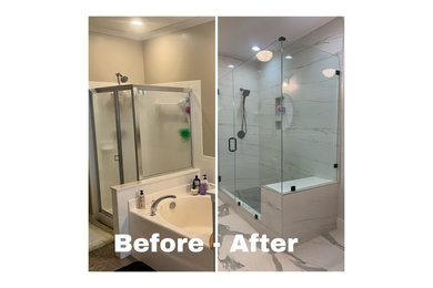 Bathroom Before and After, Bright, Clean Walk in Shower with Bench, Shower Niche