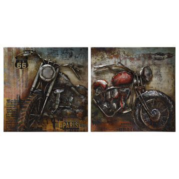 Motorcycle Diptych Set Mixed Media Iron Hand Painted Dimensional Wall Art