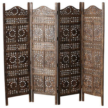 Sun, Moon and Star 4 Panel Room Divider of Hand Carved Mango Wood