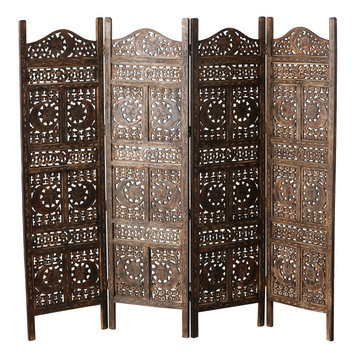 Sun, Moon and Star 4 Panel Room Divider of Hand Carved Mango Wood