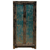 Oriental Distressed Black Teal Blue Lacquer Slim Storage Cabinet Hcs6116