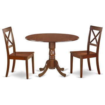 3Pc Round 42" Dinner Table, Two 9-Inch Drop Leaves, Two Wood Seat Kitchen Chairs