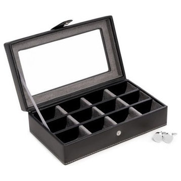 Black Leather 12 Cufflink Box With Glass Top and Snap Closure