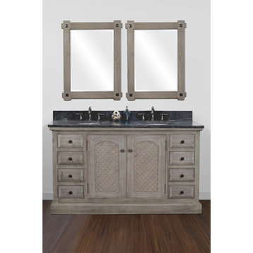 60" Solid Wood Sink Vanity With Round Sinks, Dark Limestone Top