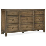 Hooker Furniture - Sundance Nine-Drawer Dresser - Inspired by the rugged, earthy and picturesque Malibu landscape, the Sundance Nine-Drawer Dresser offers a simple yet stylish silhouette crafted of Pecan Veneers and finished in the rich brown Cliffside finish with light burnishing on the edges. Featuring nine self-closing drawers, the top left and top center drawers have removeable felt liners and the top right drawer has a removable felt jewelry tray. The 3 bottom drawers are cedar-lined.