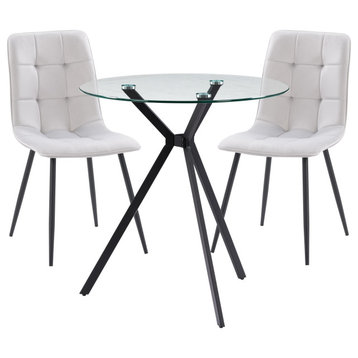 CorLiving Lennox Glass Top Dining Set With Gray Chairs, 3-Piece
