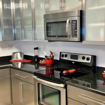 Modern Stainless Steel Kitchen Cabinetry with Glass Upper Doors