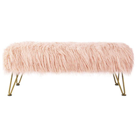 Mongolian Faux Fur Upholstered Ottoman Bench, Rose, 46x16x22