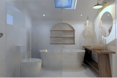 Design ideas for a medium sized modern bathroom in Berkshire with medium wood cabinets, a freestanding bath, a one-piece toilet, beige tiles, ceramic tiles, white walls, porcelain flooring, wooden worktops, beige floors, an open shower, a wall niche, a single sink and a freestanding vanity unit.