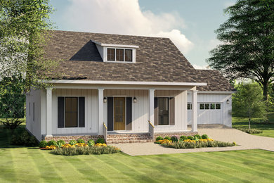 Example of a country white one-story mixed siding exterior home design in Other with a shingle roof