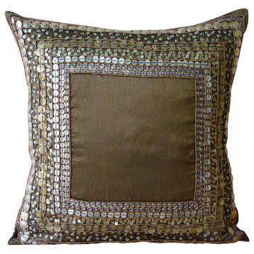 3D Sequins Antique 12"x12" Art Silk Brown Pillows Cover, Ethnic Origins