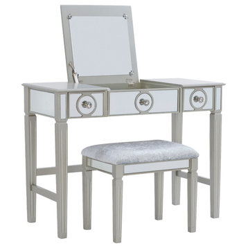 Traditional Vanity Set, Lift Top Design With Mirror & Cushioned Bench, Silver