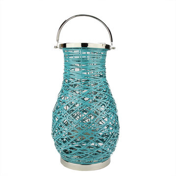 Modern Turquosie Blue Woven Iron Pillar Candle Lantern with Glass Hurricane