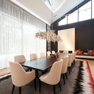 ニュルンベルクの広いコンテンポラリースタイルのLDKの画像 (黒い壁、淡色無垢フローリング)