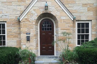 Example of a small mid-century modern entryway design in Chicago with a dark wood front door