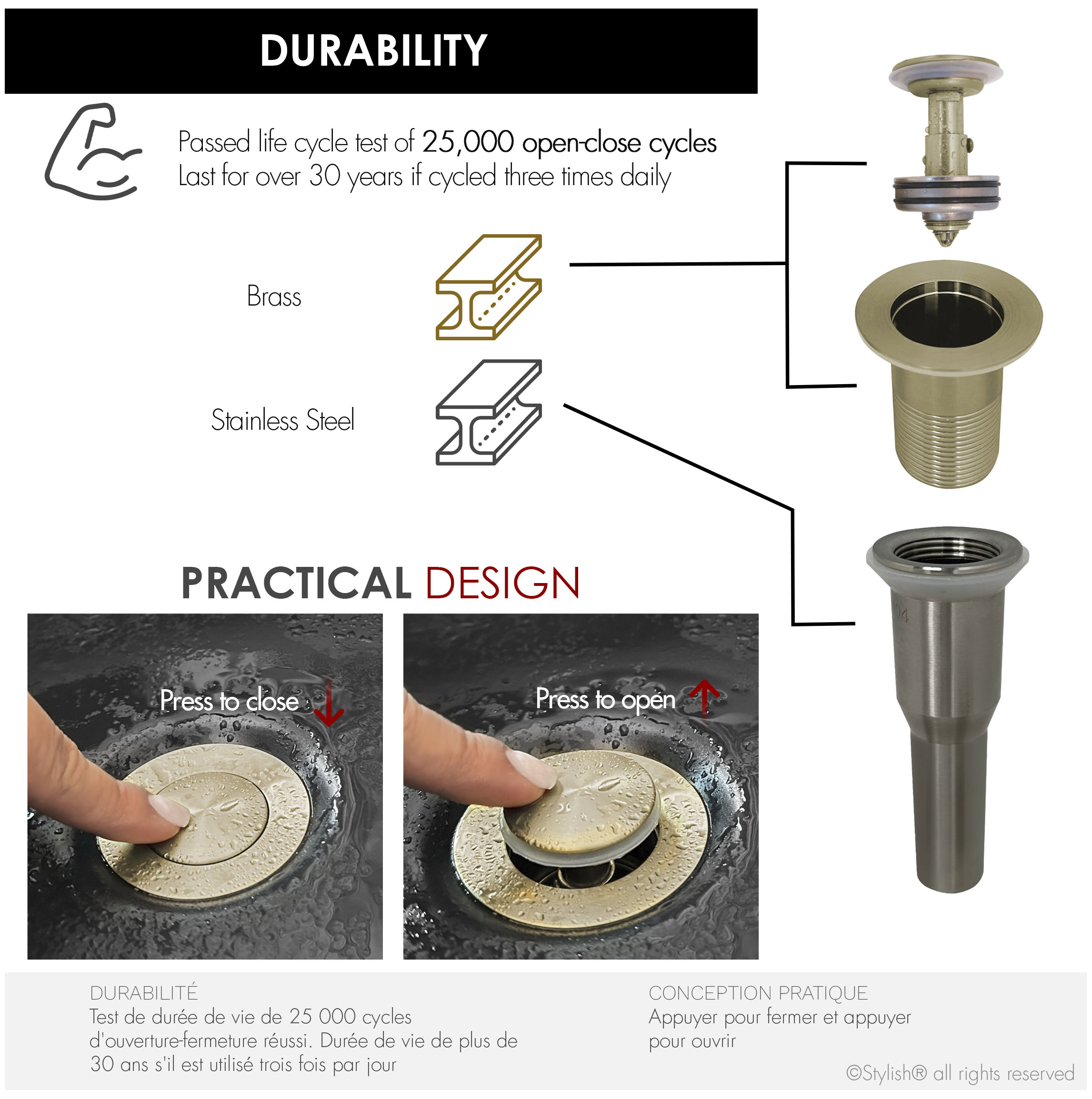 STYLISH Brushed Gold Standard Pop-Up Vessel Sink Drain with Overflow Set of 2